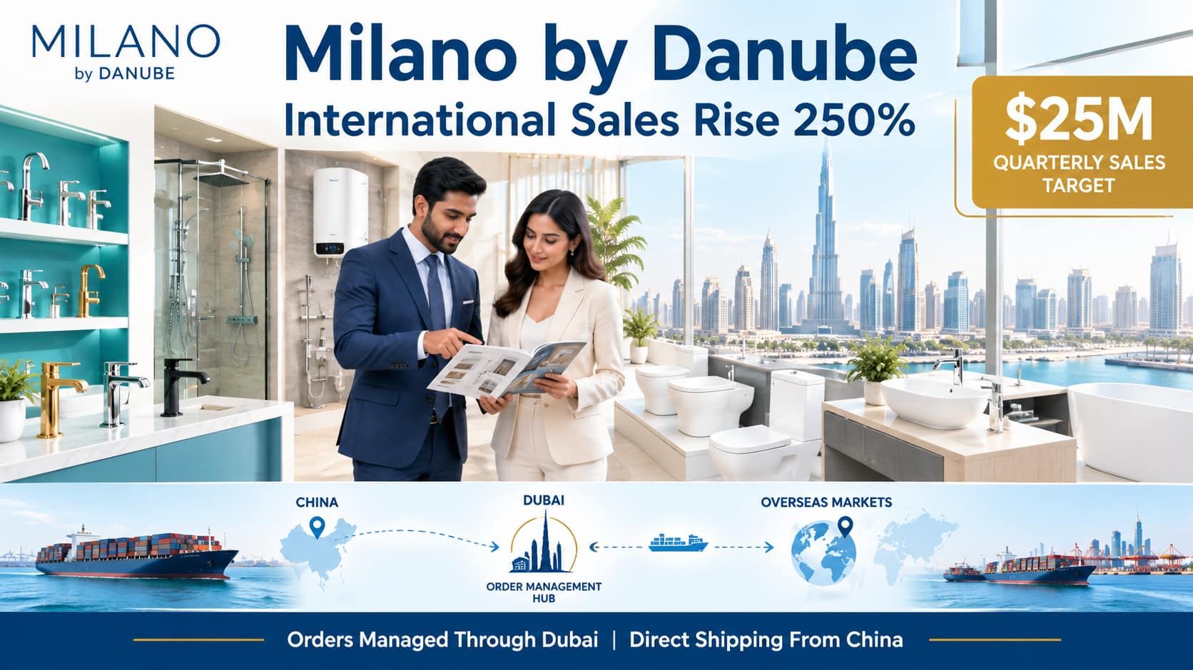 Milano by Danube sales growth illustration featuring business professionals, bathroom products and the Dubai skyline.