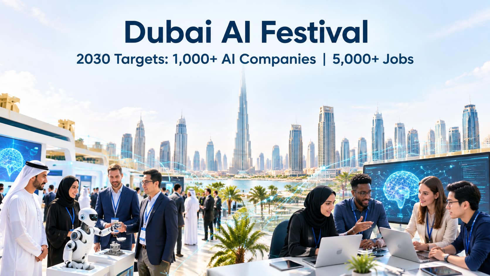 Dubai AI Festival graphic showing technology showcases, AI professionals and 2030 targets for 1,000-plus companies and 5,000-plus jobs.