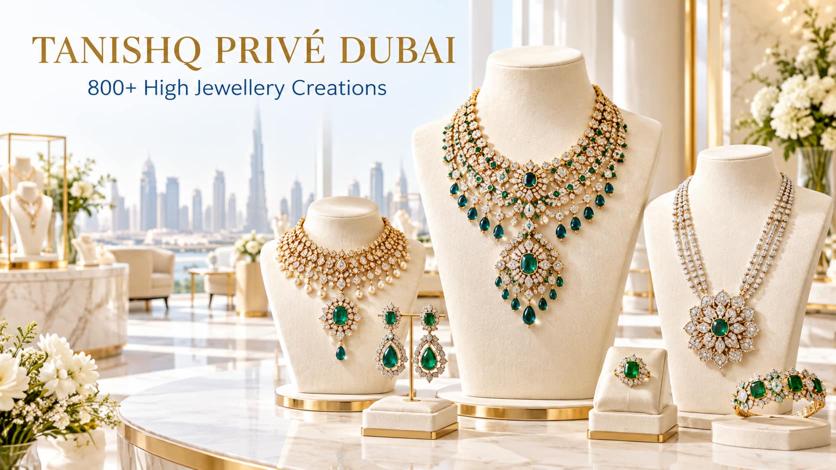 Gold, diamond and emerald jewellery displayed beneath a Tanishq Privé Dubai heading.