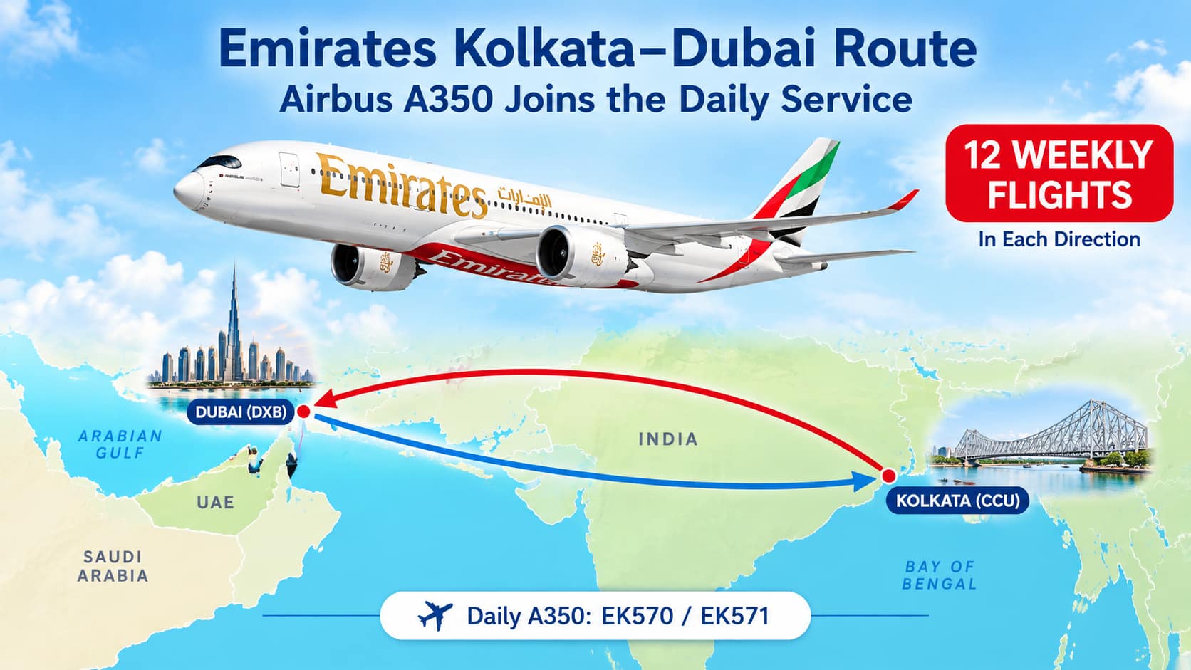 Emirates Airbus A350 above a map showing two-way Kolkata–Dubai flight routes, with 12 weekly flights highlighted.