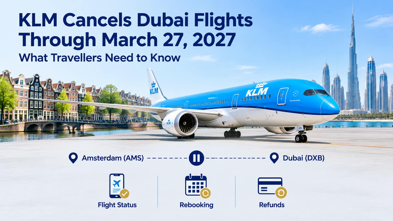 KLM aircraft with Amsterdam–Dubai route imagery and flight suspension details through March 27, 2027.