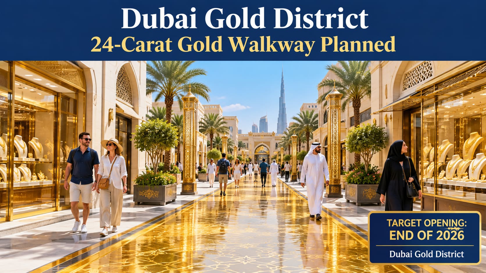 Concept illustration of people walking along a golden pathway in Dubai Gold District, with a headline announcing the planned 24-carat gold walkway.