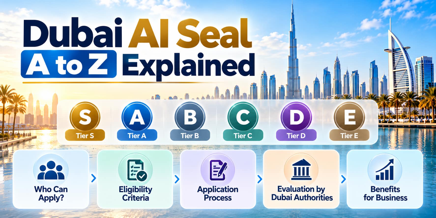 Dubai AI Seal infographic showing six tiers, eligibility, application steps and business benefits against the Dubai skyline.