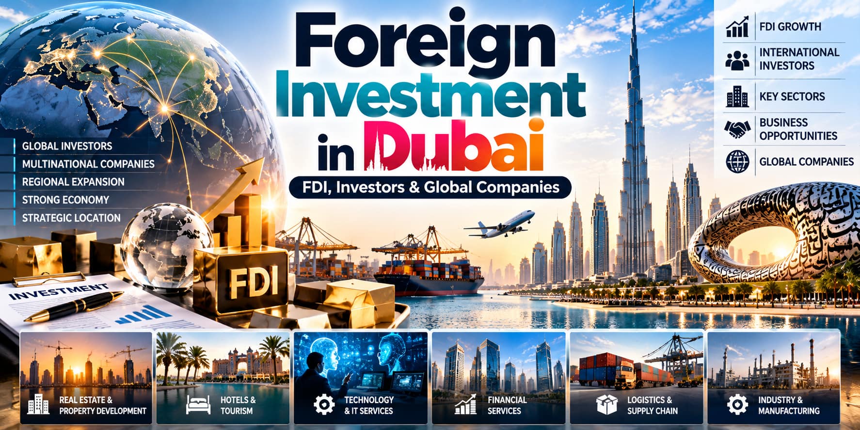 Foreign investment in Dubai featuring global investors, FDI growth, and key business sectors.