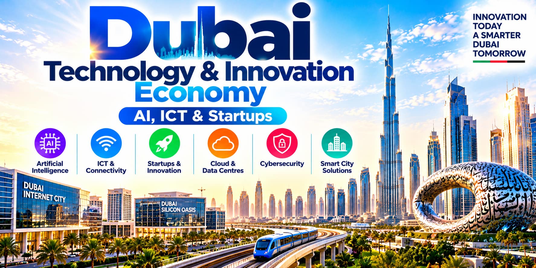 Dubai technology and innovation economy featuring AI, ICT, startups, cybersecurity and smart city infrastructure.