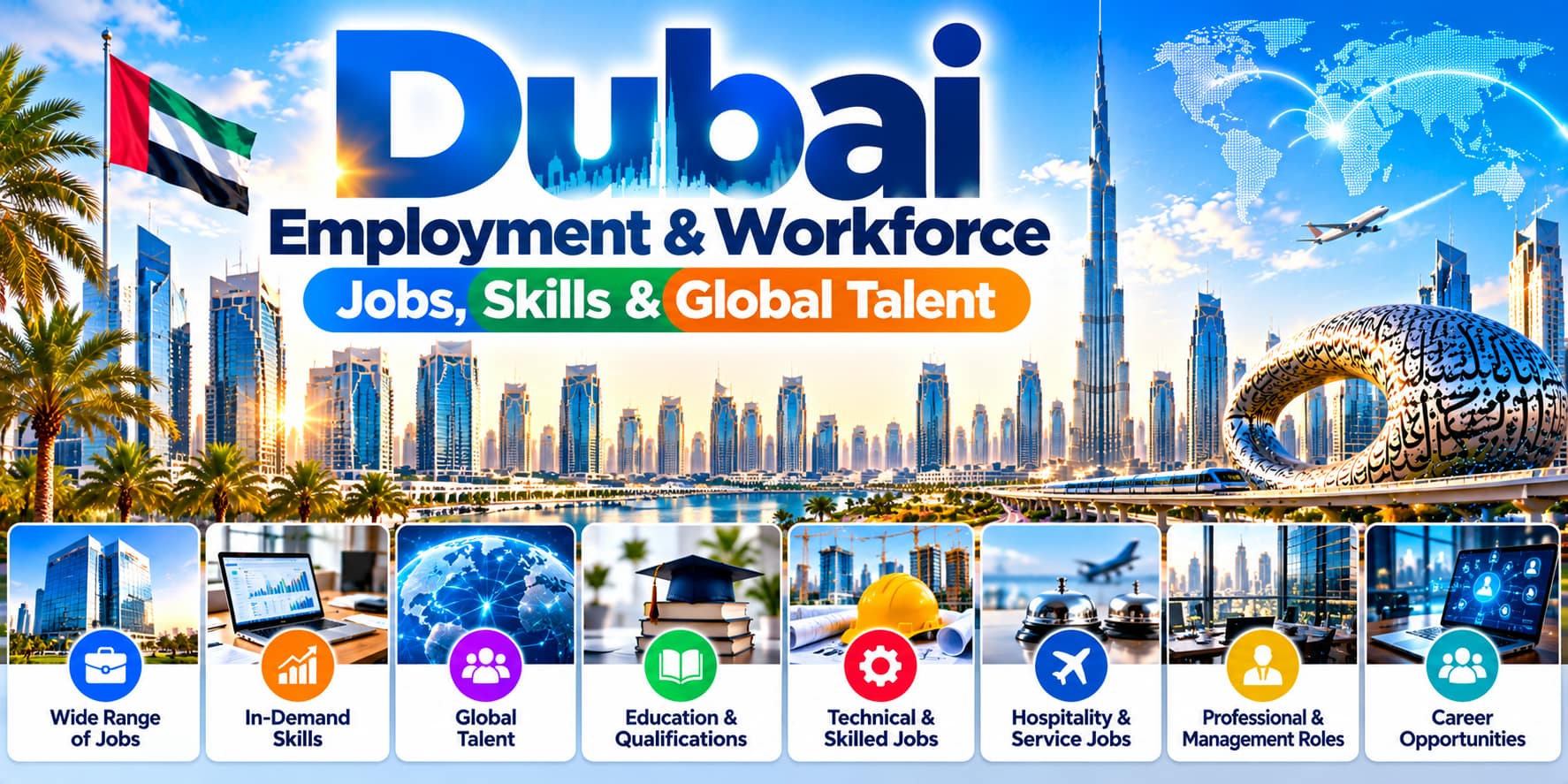 Dubai employment and workforce featuring job opportunities, professional skills, global talent, education and technical careers.