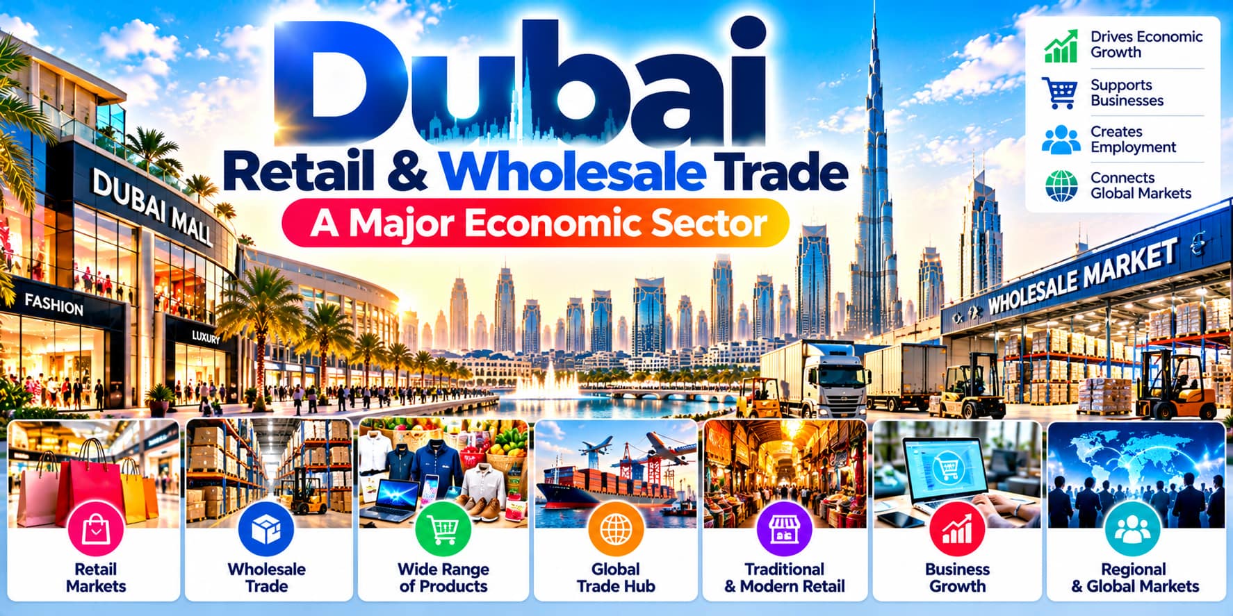 Dubai retail and wholesale trade featuring shopping malls, wholesale markets, product distribution and economic growth.