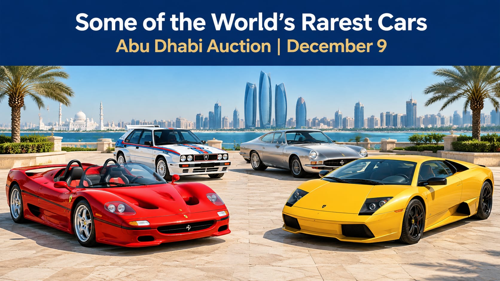 AI illustration of Ferrari, Lamborghini and Lancia collector cars against an Abu Dhabi waterfront backdrop.