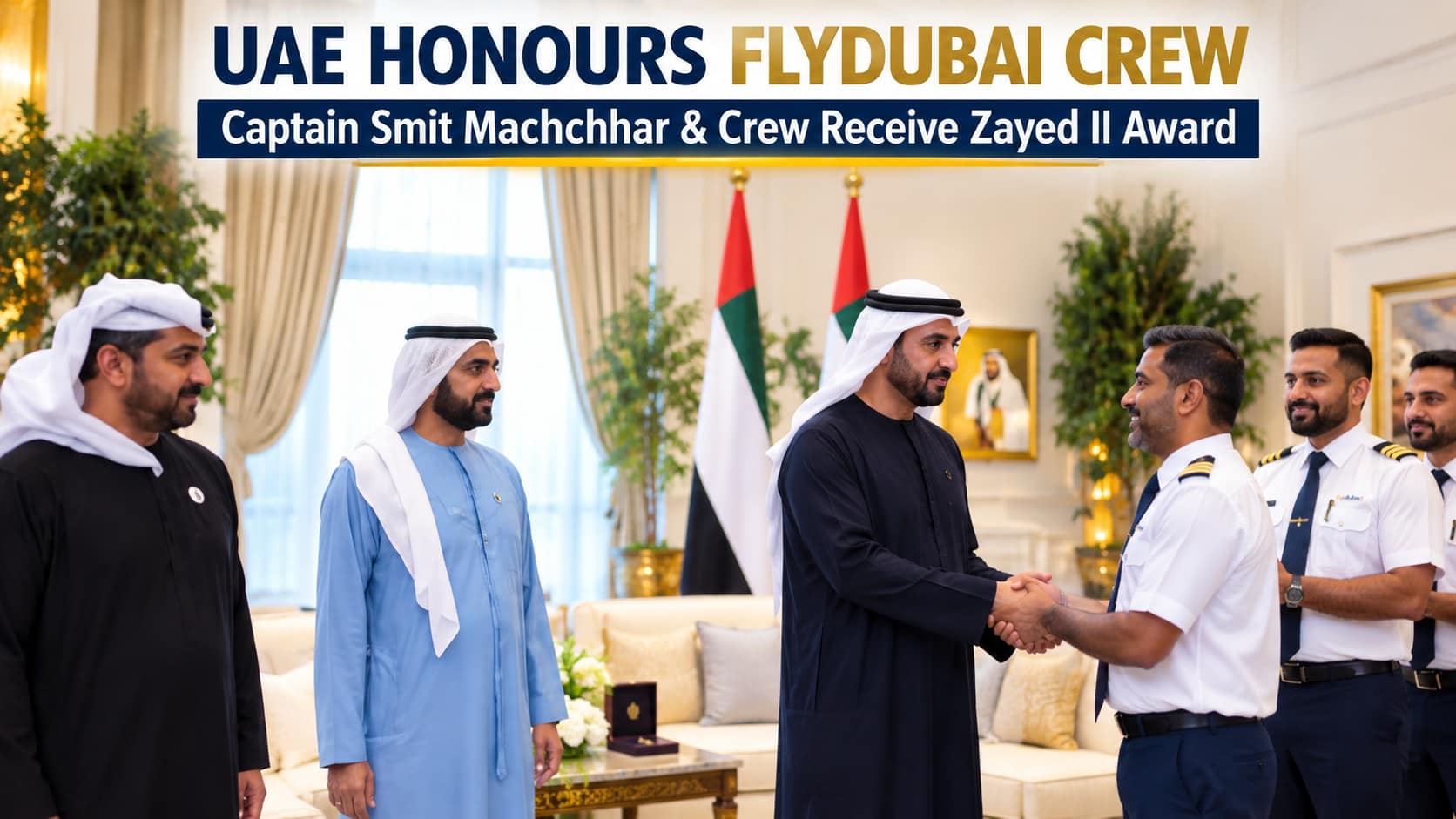 Captain Smit Machchhar and flydubai crew at a UAE honours ceremony.