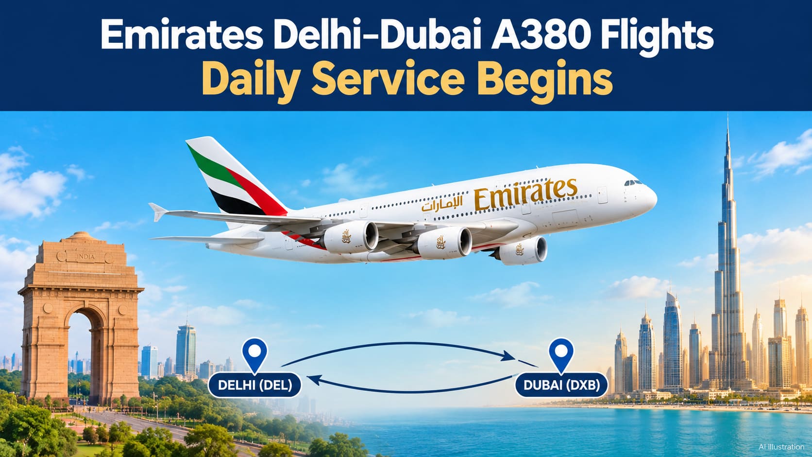AI illustration of an Emirates A380 above Delhi and Dubai landmarks with a route connecting the two cities.