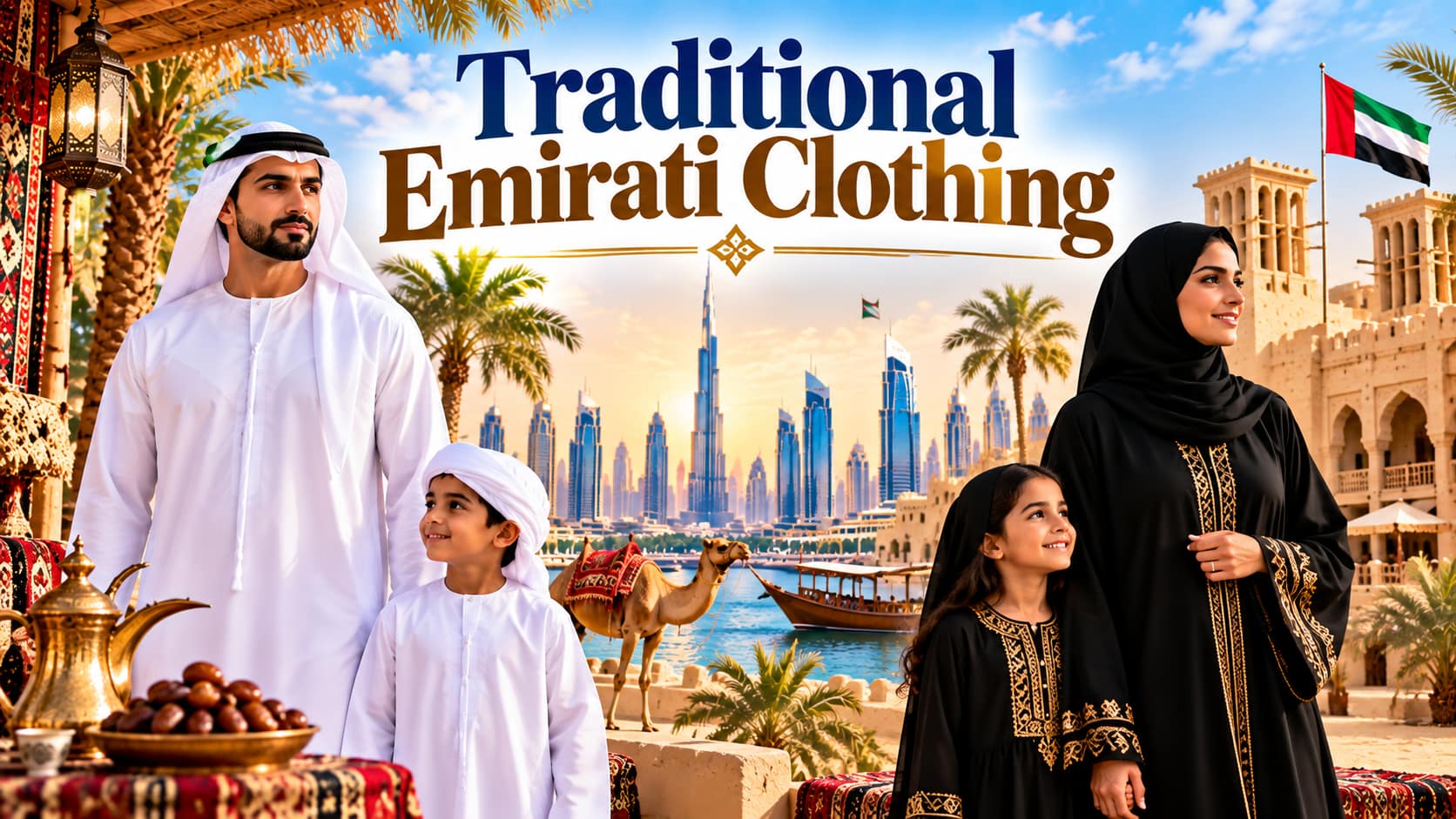 Traditional Emirati clothing showing kandura, ghutra and abaya
