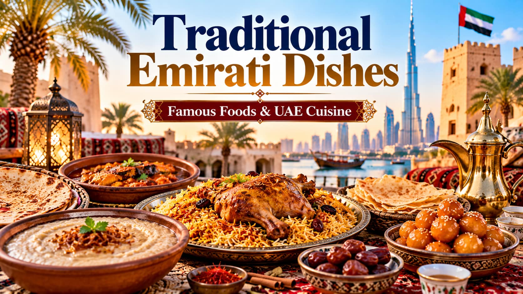 Traditional Emirati dishes featuring rice, meat, dates, bread and UAE cuisine