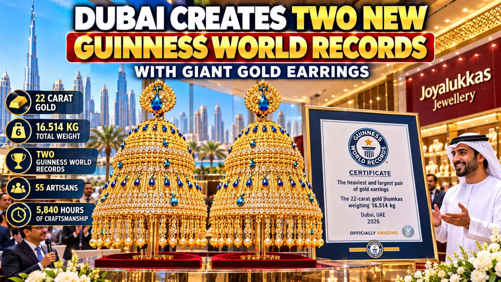 AI illustration of giant Joyalukkas gold jhumka earrings in Dubai with text highlighting two Guinness World Records.