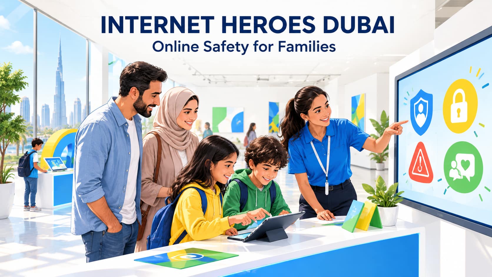 Illustration of parents and children exploring online safety activities in Dubai.