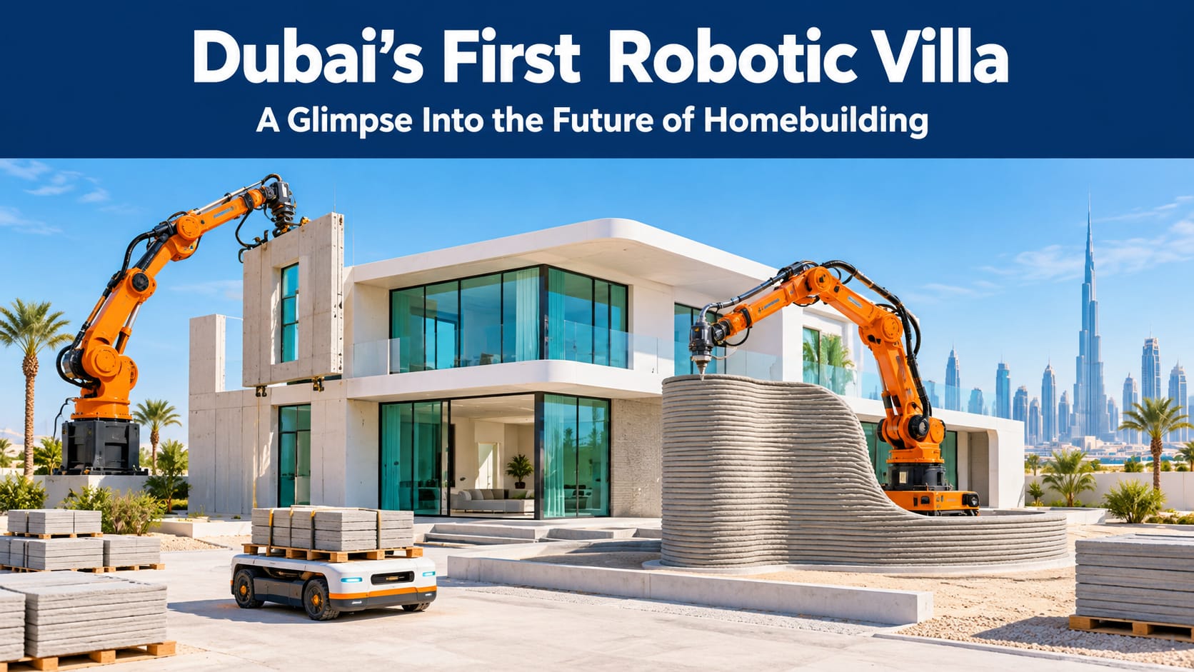 Concept illustration of robotic arms building a modern white villa with the Dubai skyline in the background.