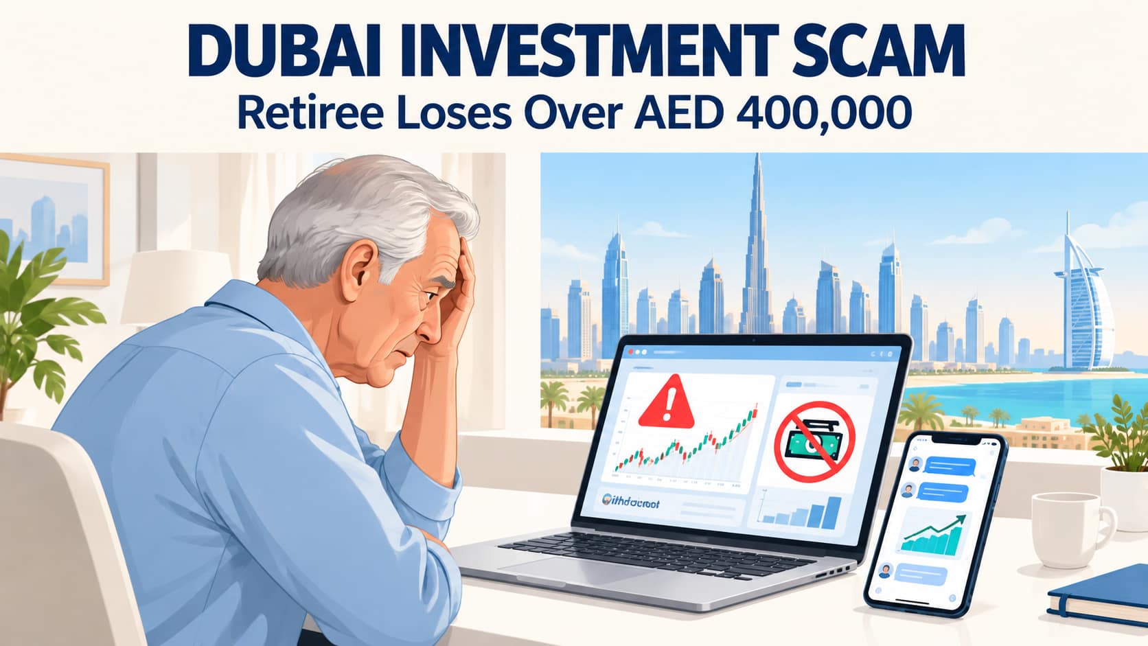 Illustration of a concerned retiree viewing an investment scam warning on a laptop, with the Dubai skyline behind him.