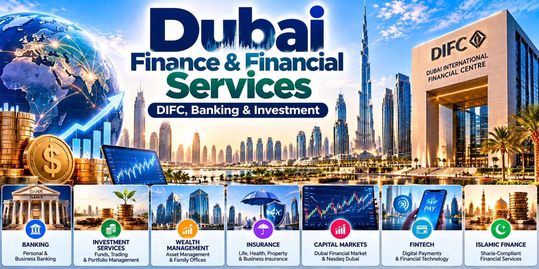 Dubai finance and financial services featuring DIFC, banking, investment, wealth management, insurance, capital markets and fintech.
