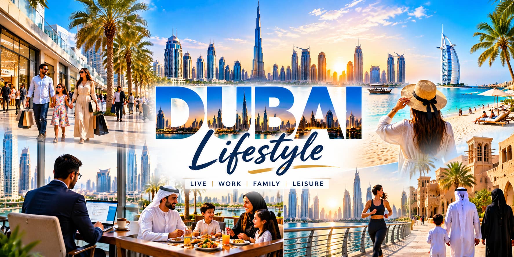 Dubai lifestyle showing family life, work, leisure, shopping and beach life