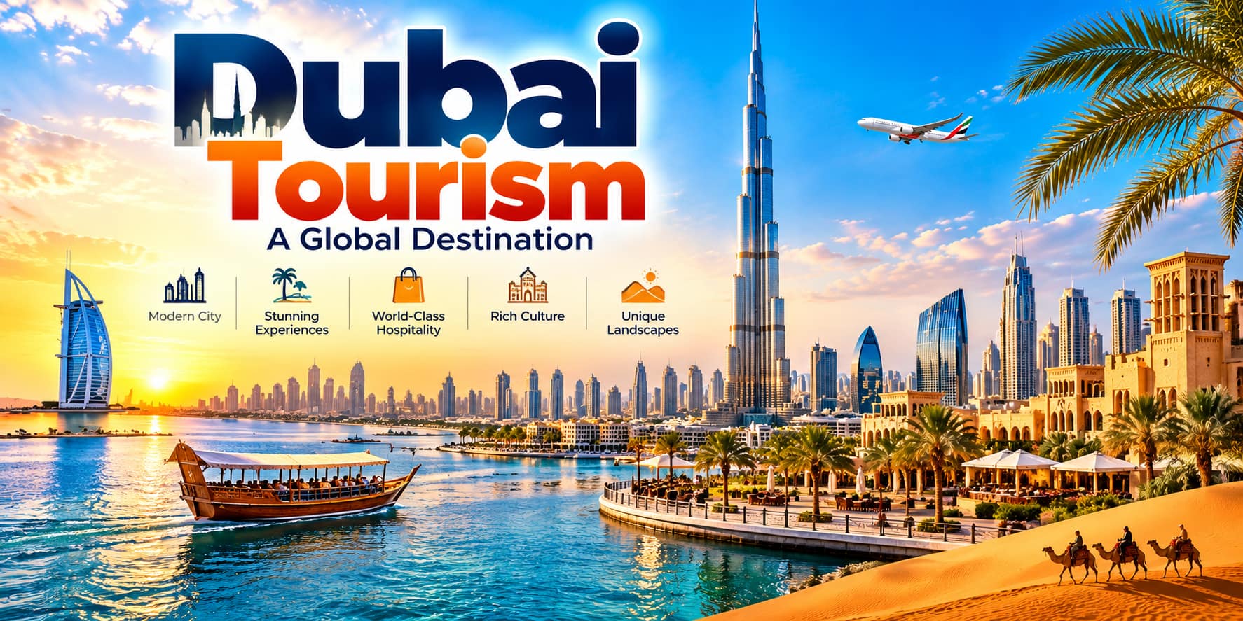Dubai tourism showing skyline, Burj Khalifa, waterfront, desert and travel experiences