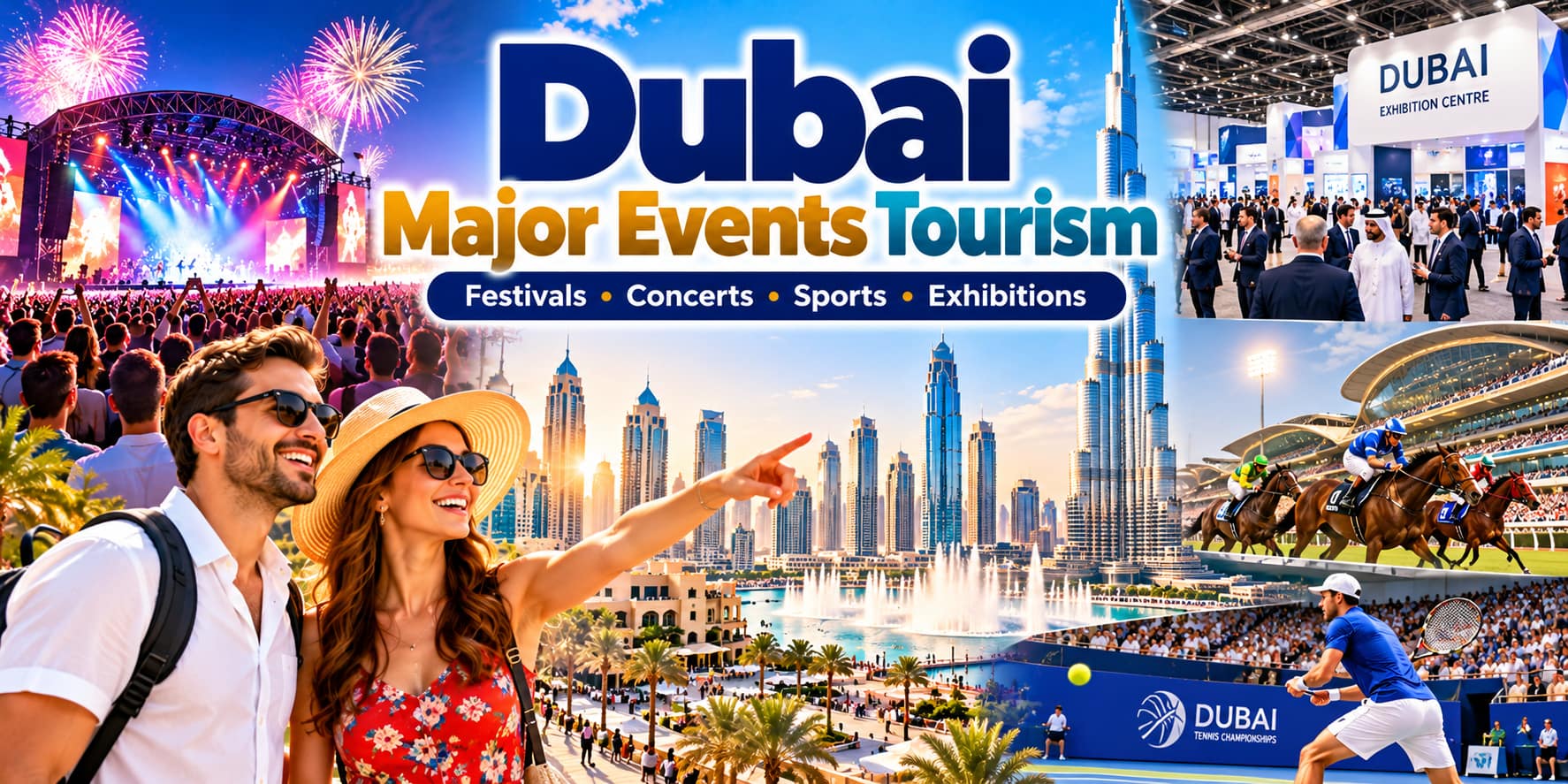 Dubai major events tourism featuring concerts, fireworks, sports competitions, exhibitions and tourists.