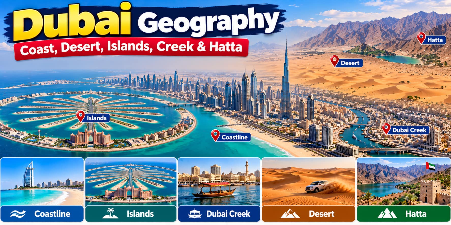 Dubai geography showing coastline, desert, islands, Dubai Creek and Hatta