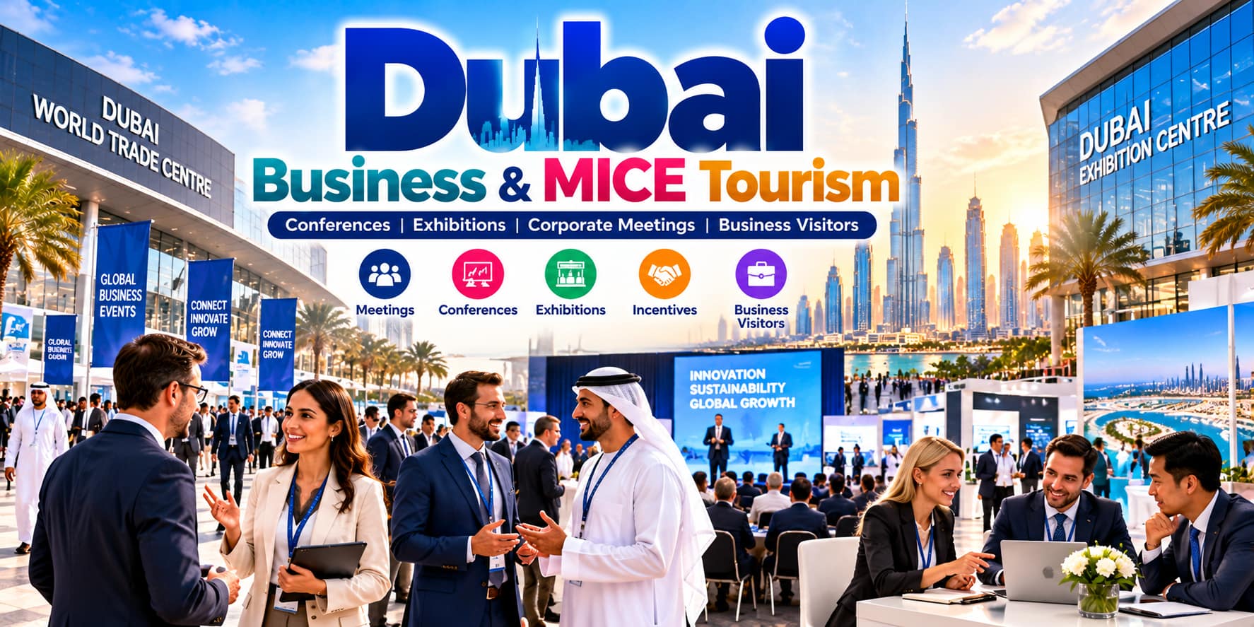 Dubai business and MICE tourism featuring international professionals, conferences, exhibitions and business networking.