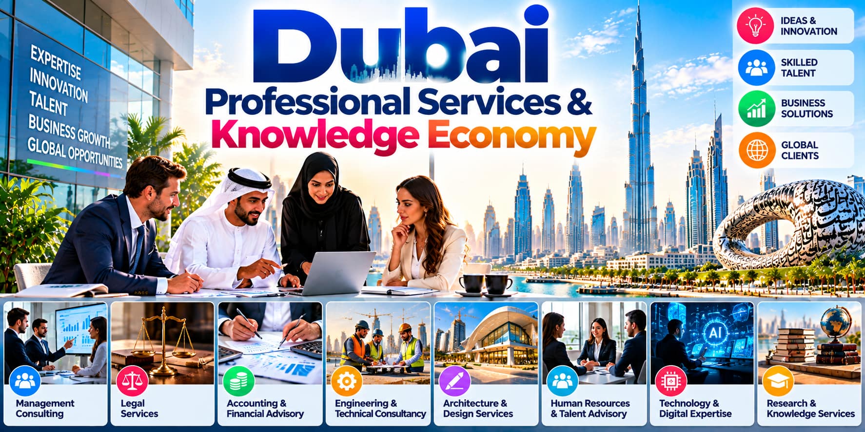 Dubai professional services and knowledge economy featuring consulting, legal services, accounting, engineering, technology and research.