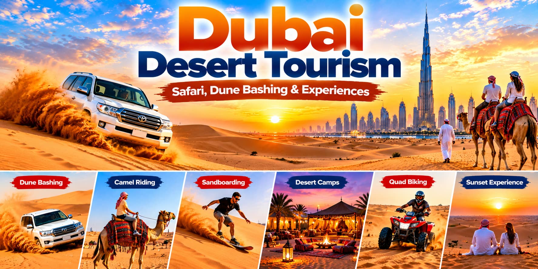 Dubai desert tourism showing safari, dune bashing, camel riding and desert activities