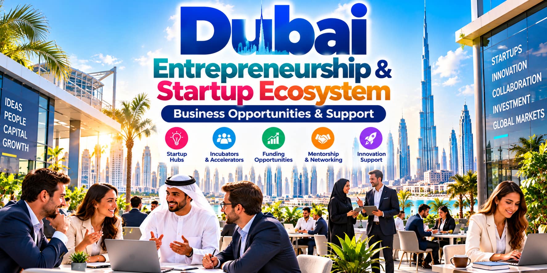 Dubai entrepreneurship and startup ecosystem featuring diverse professionals, Dubai skyline, startup hubs, incubators, accelerators, funding and networking.