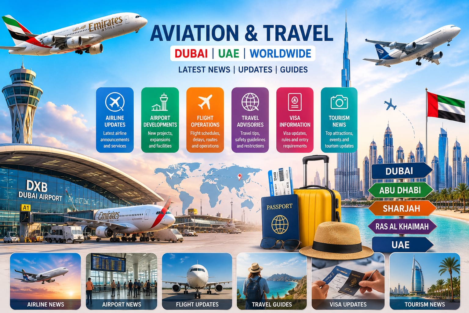 Dubai aviation and travel with airport, aircraft, and skyline