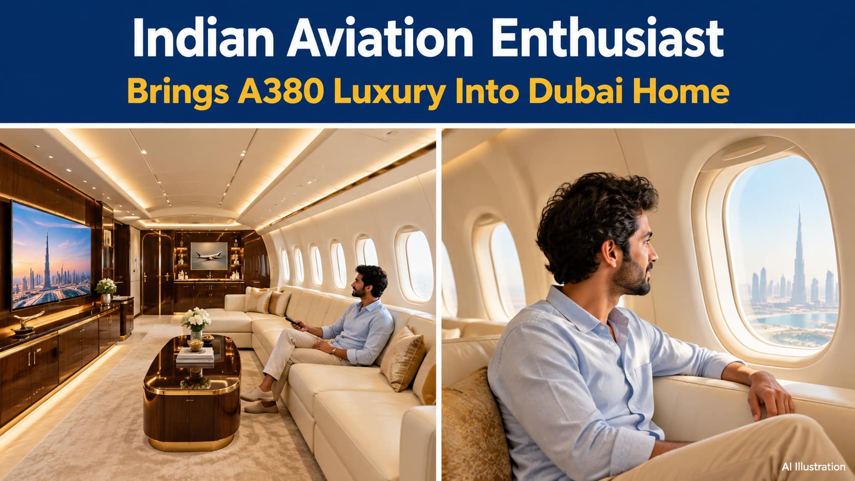 AI illustration of an Indian aviation enthusiast watching TV and sitting beside an oval window in an A380-inspired living room.
