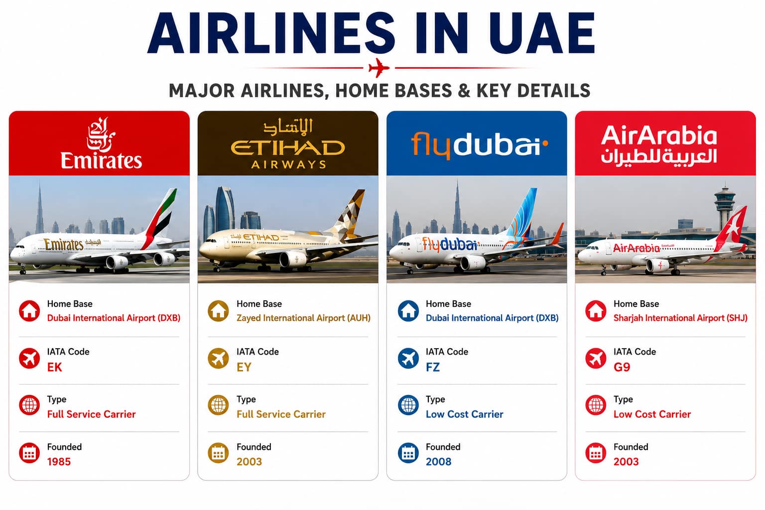Major airlines in UAE including Emirates, Etihad Airways, flydubai and Air Arabia with home bases and IATA codes