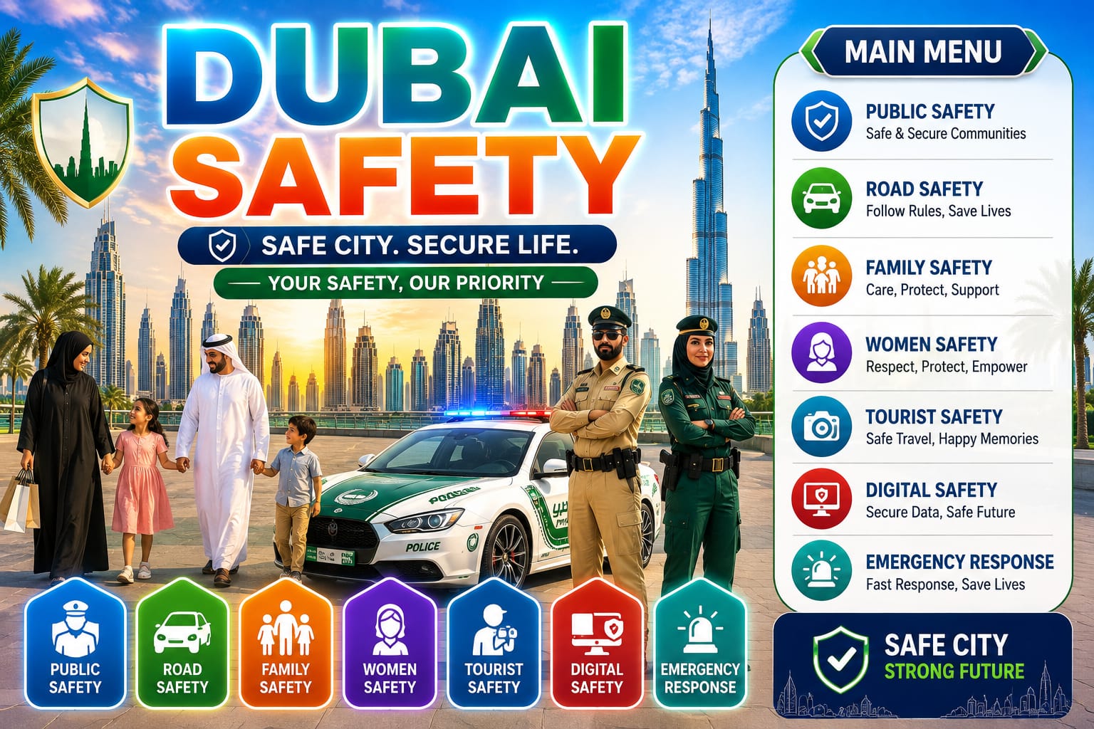 Dubai Safety with Burj Khalifa skyline, police officers and public safety symbols