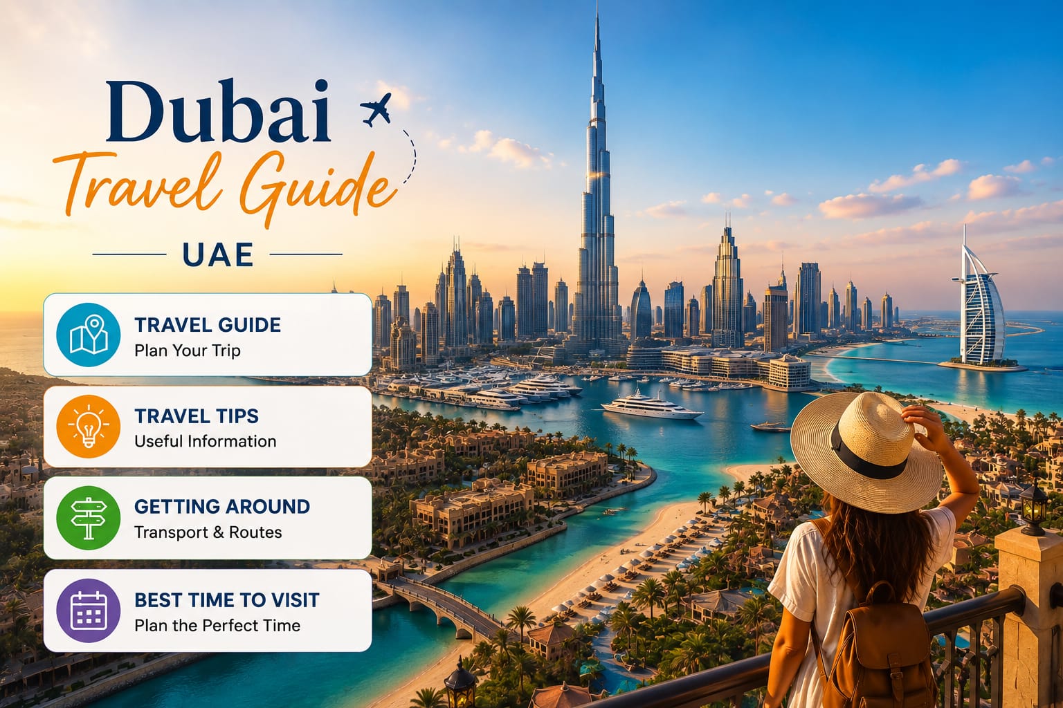 Dubai Travel Guide featuring Burj Khalifa, Dubai skyline, beaches and UAE travel information