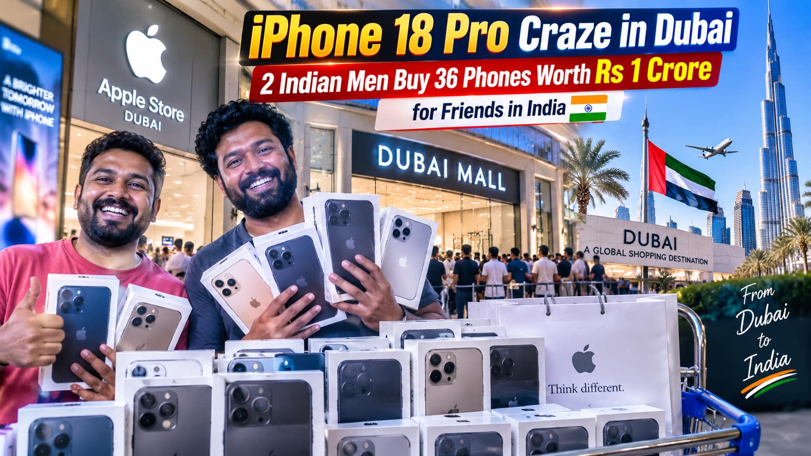 Two Indian men with iPhone 18 Pro phones at Dubai Mall