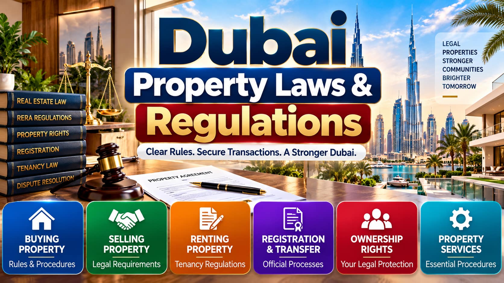 Dubai Property Laws and Regulations with real estate legal symbols