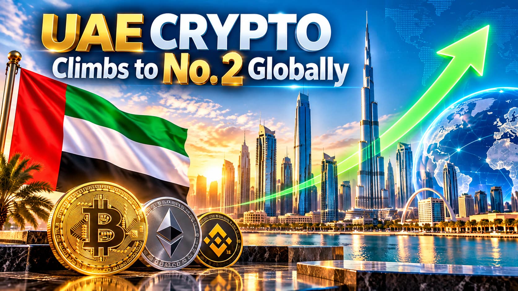 UAE Crypto climbs to No. 2 globally with Dubai skyline and cryptocurrency symbols