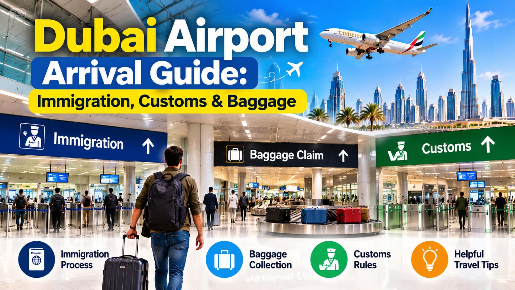 Dubai Airport arrival hall with immigration, customs and baggage claim signs.