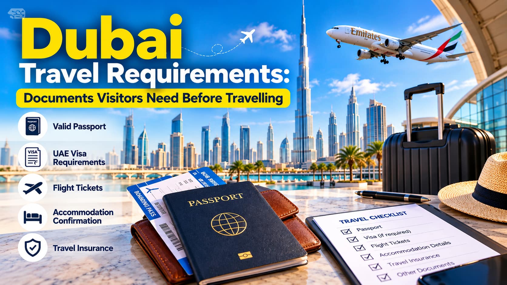 Dubai travel documents with passport, visa and Dubai skyline