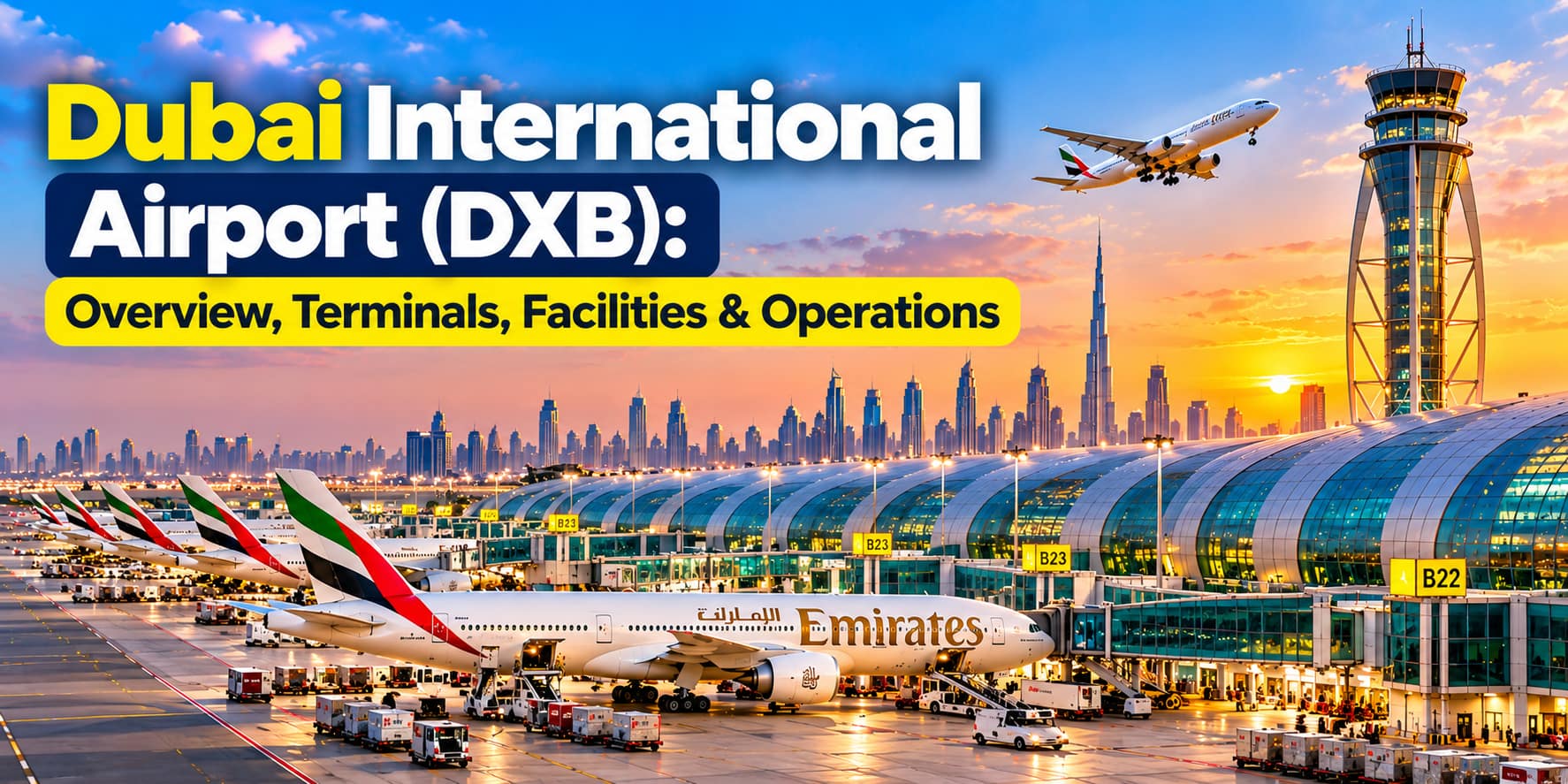 Dubai International Airport with Emirates aircraft, terminals and control tower.