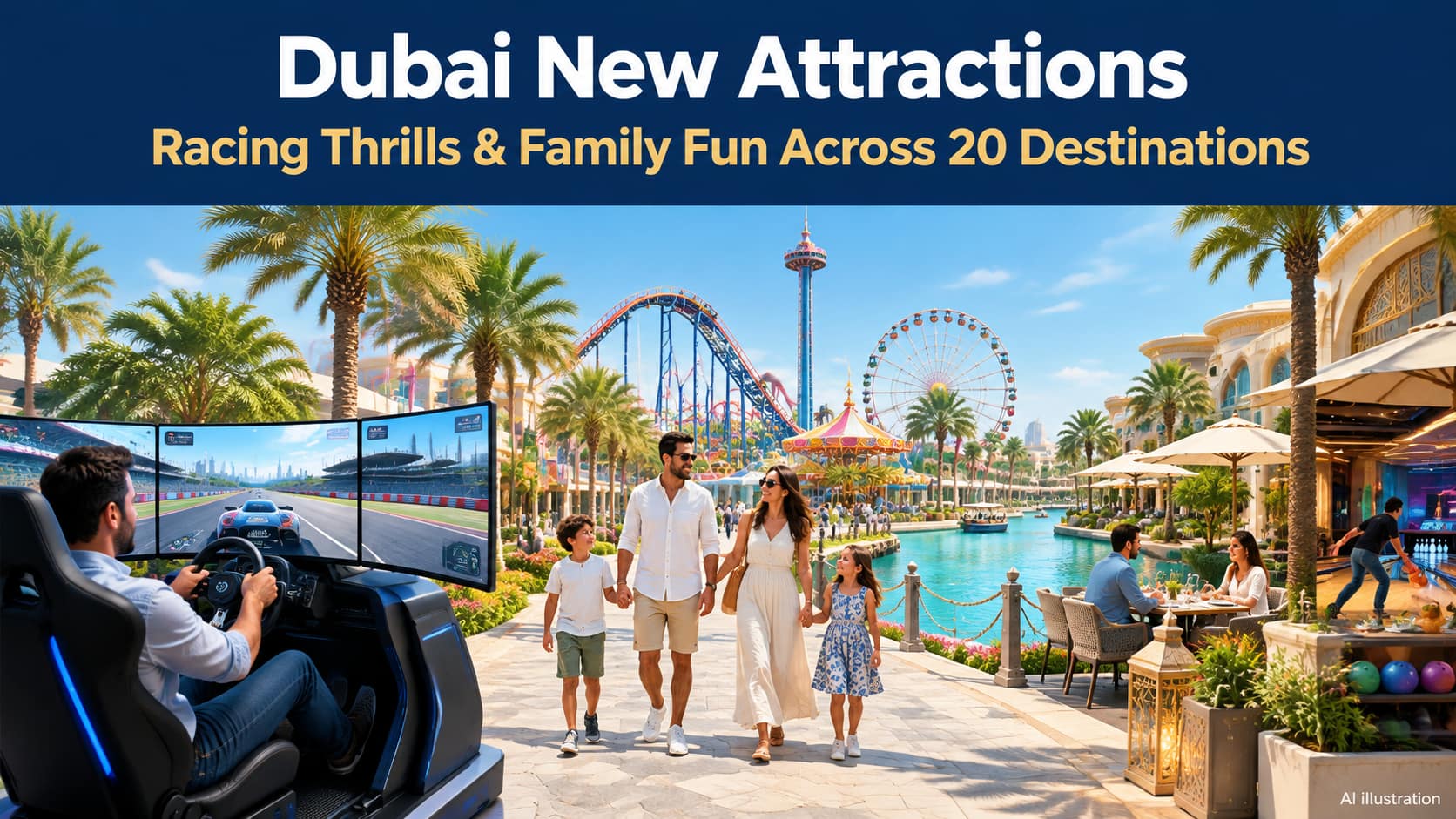 Dubai new attractions AI illustration featuring a racing simulator, family theme park activities and canal-side entertainment.
