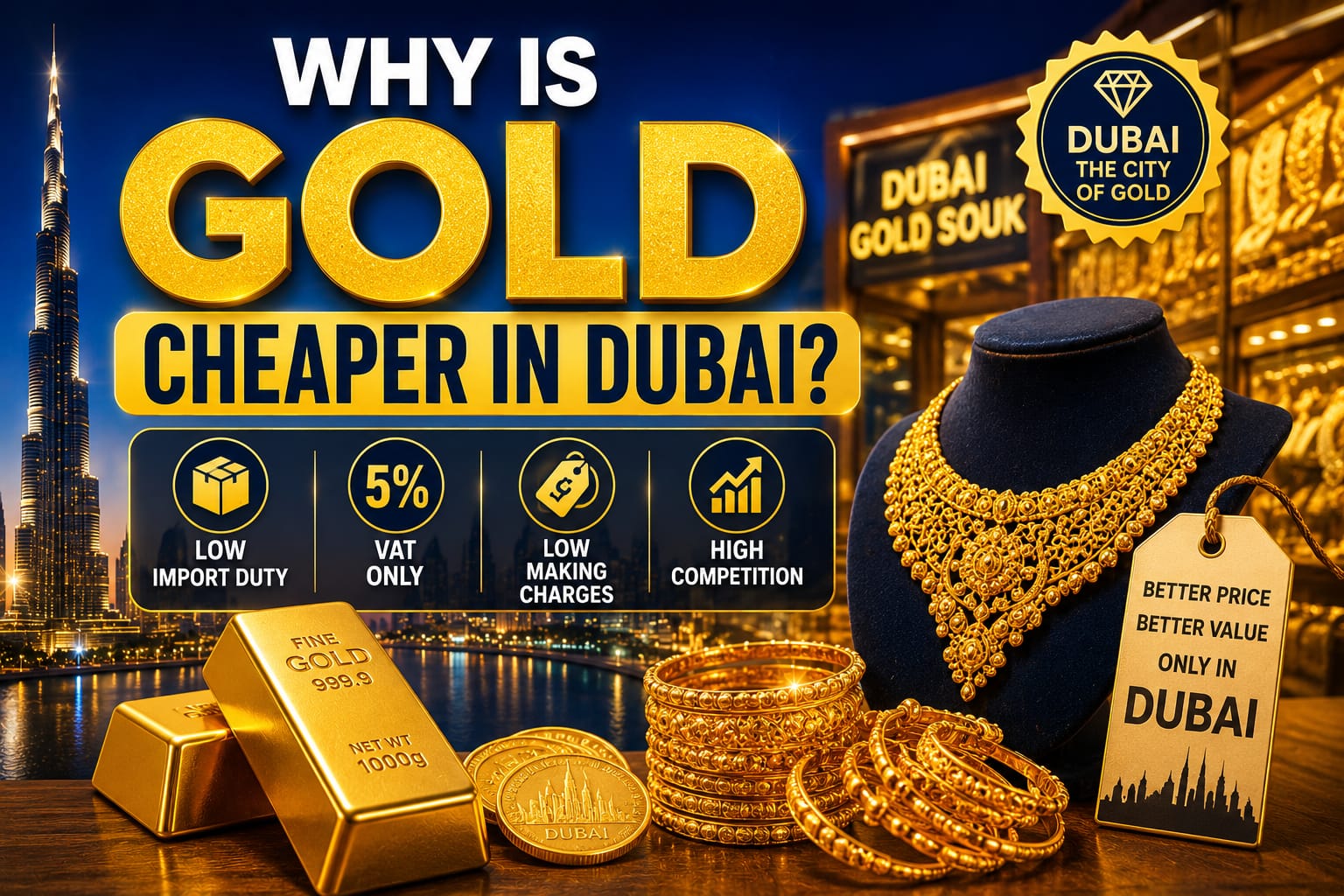 Why Is Gold Cheaper in Dubai showing Dubai Gold Market, gold jewellery, gold prices and VAT