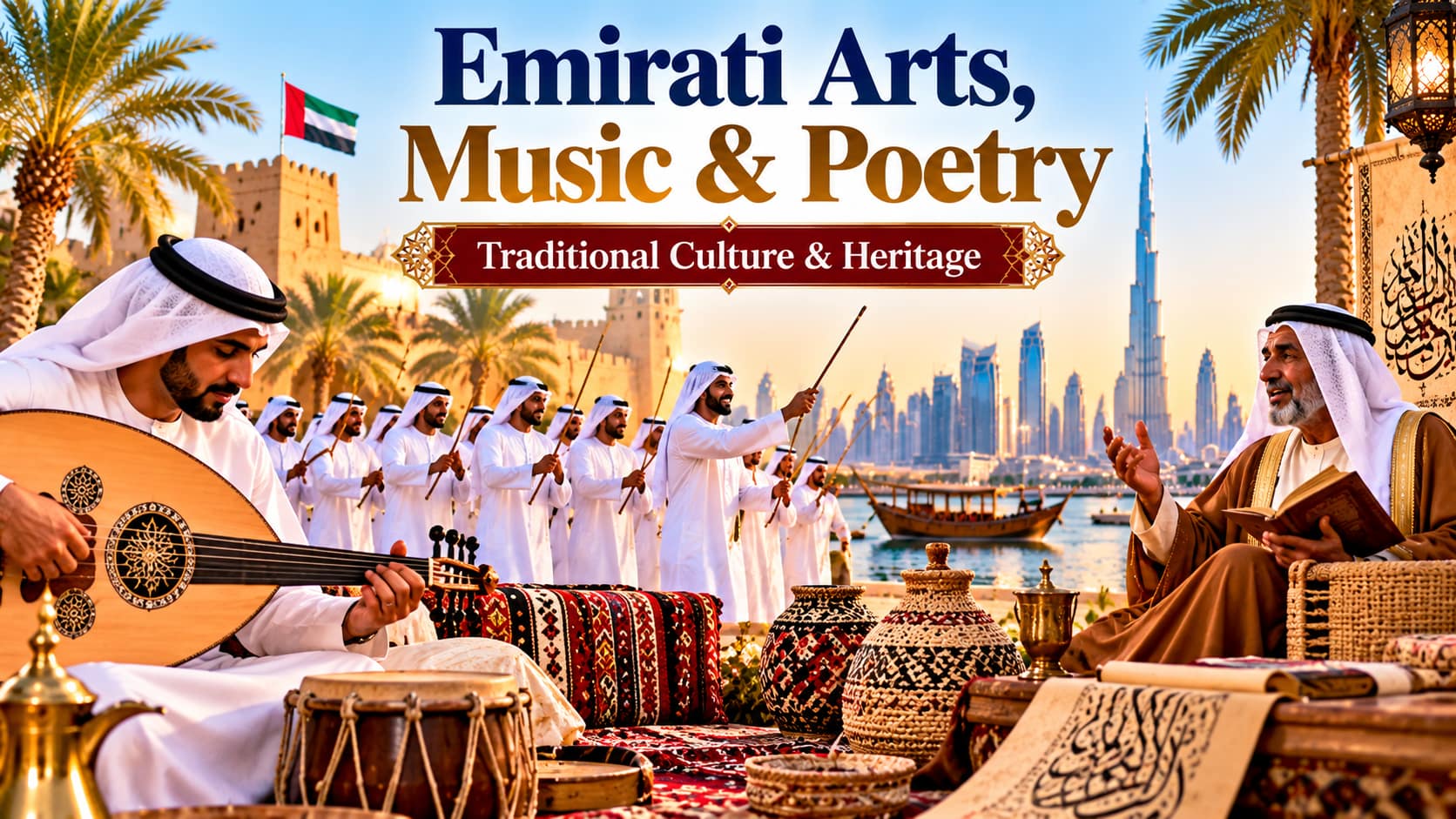 Emirati arts, music and poetry showing traditional UAE culture and heritage