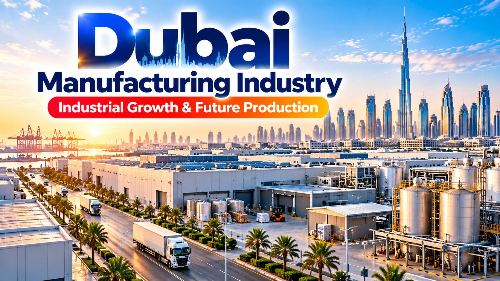 Dubai manufacturing industry featuring modern factories, industrial facilities and the Dubai skyline.