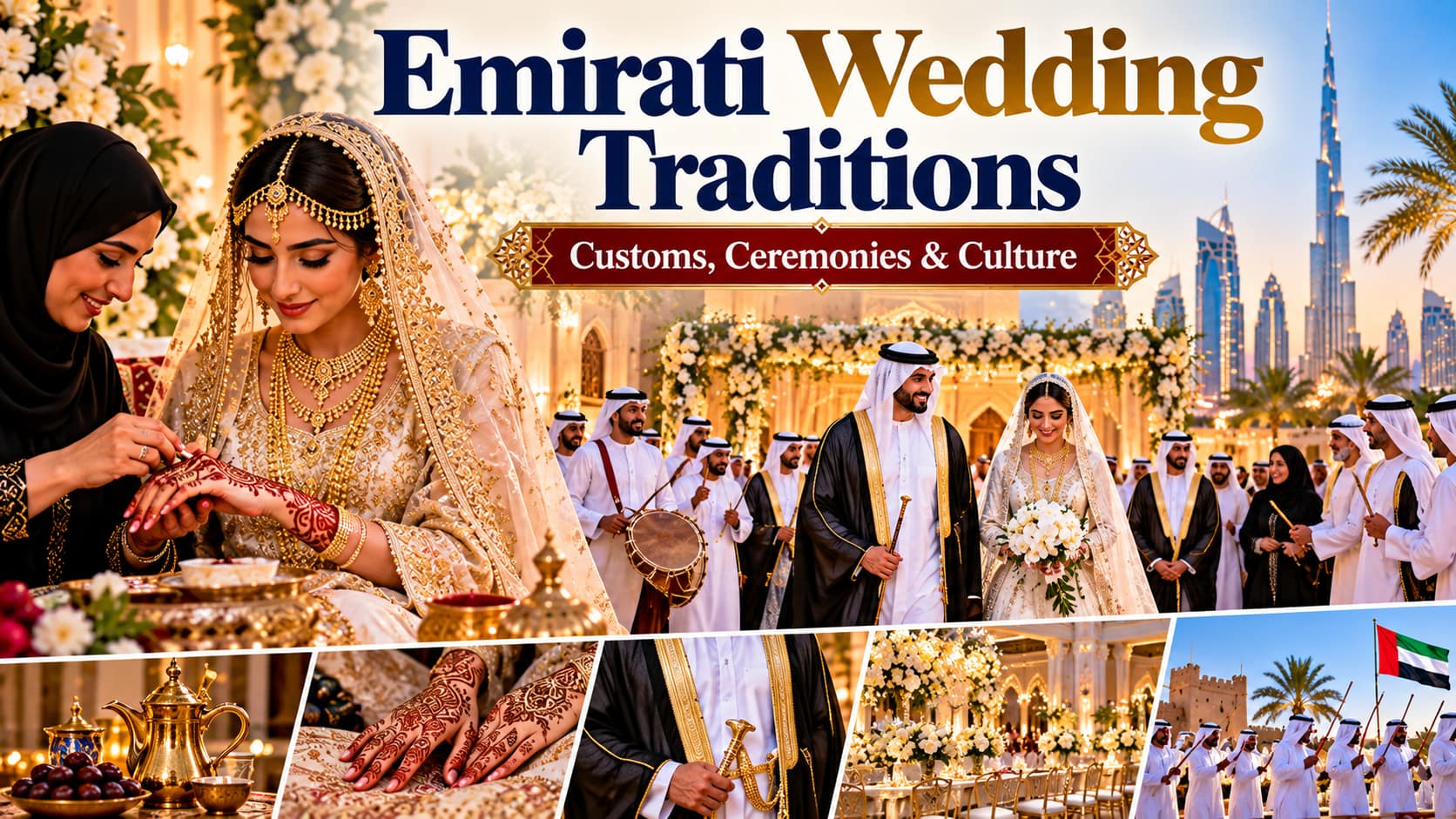Emirati wedding traditions showing bride, groom, henna and cultural celebrations