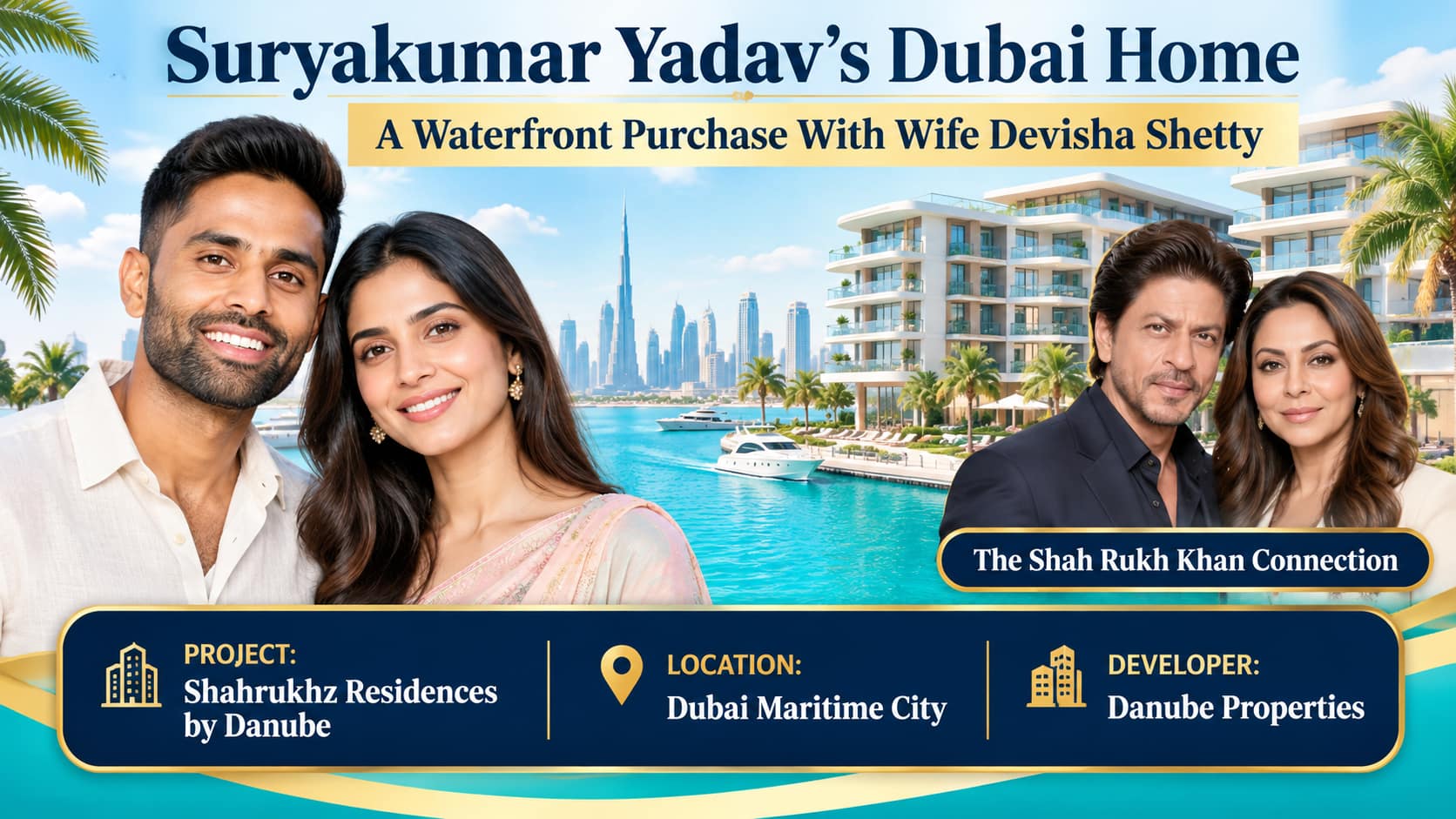AI illustration of Suryakumar Yadav, Devisha Shetty, Shah Rukh Khan and Gauri Khan with Shahrukhz Residences and Dubai Maritime City labels.