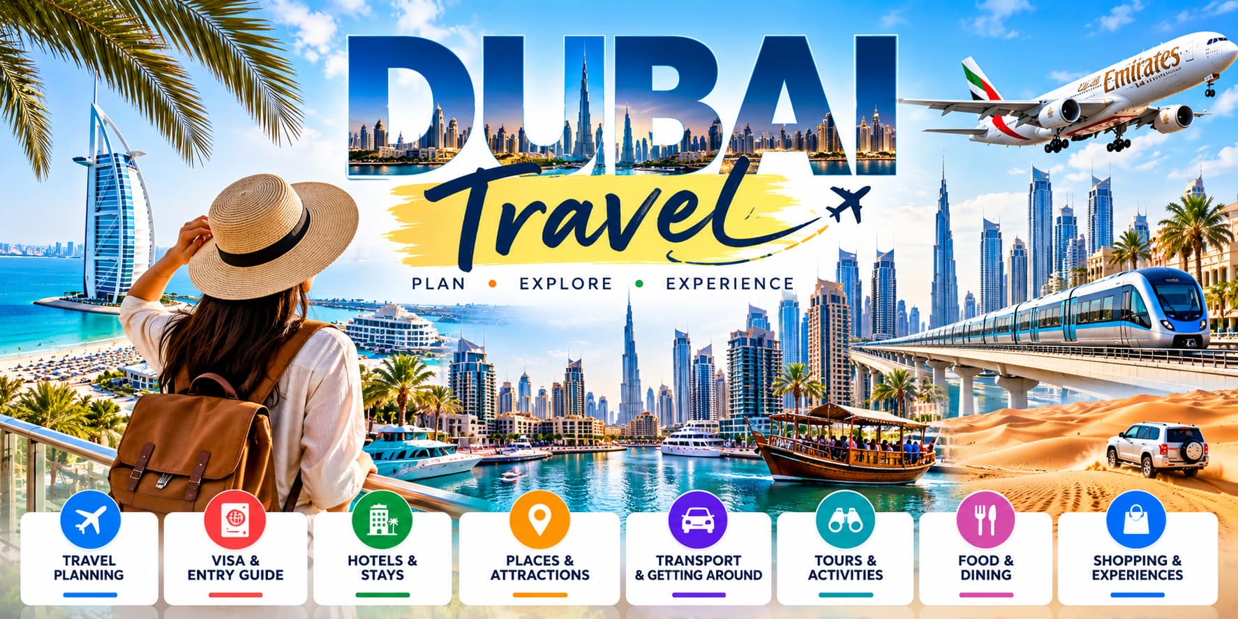 Dubai travel showing landmarks, beach, metro, desert and attractions