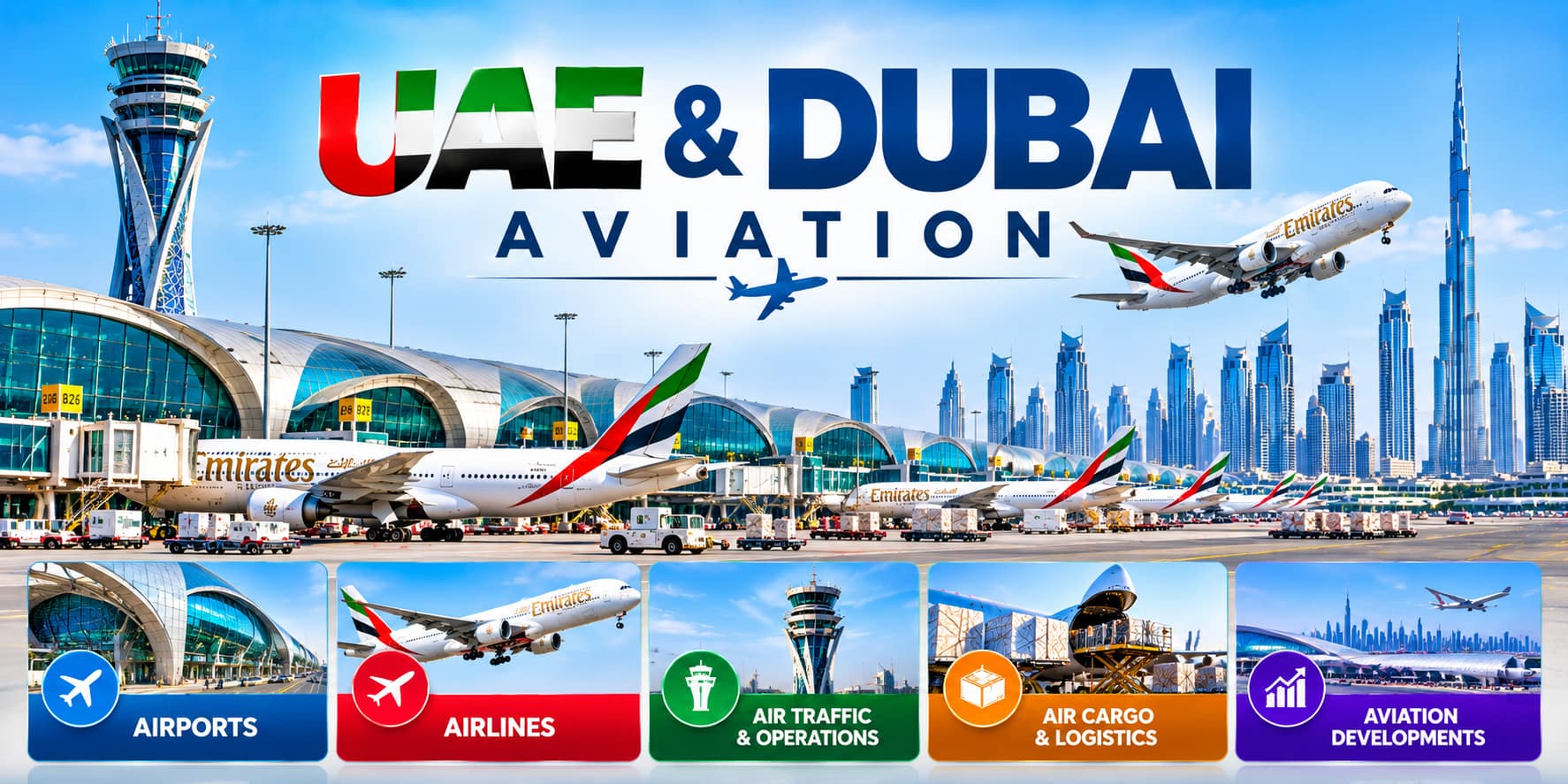 UAE and Dubai aviation showing airports, airlines, air traffic and air cargo