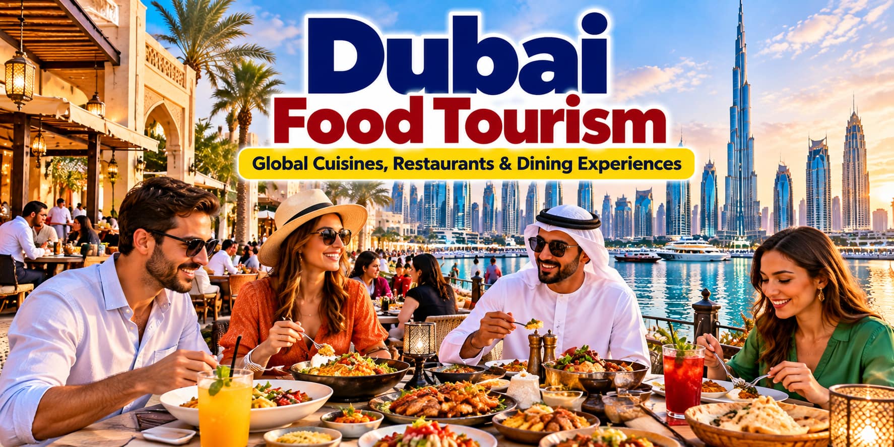 Dubai food tourism featuring international cuisine and waterfront dining with people.