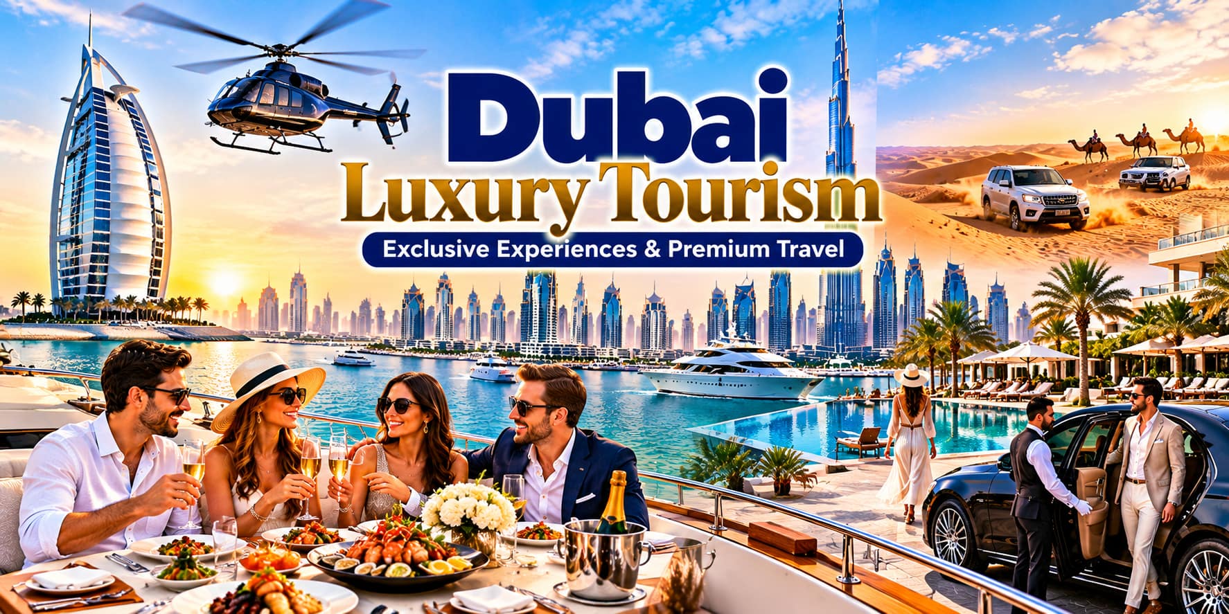 Dubai luxury tourism featuring a helicopter, luxury yachts, premium cars and travelers against the Dubai skyline.